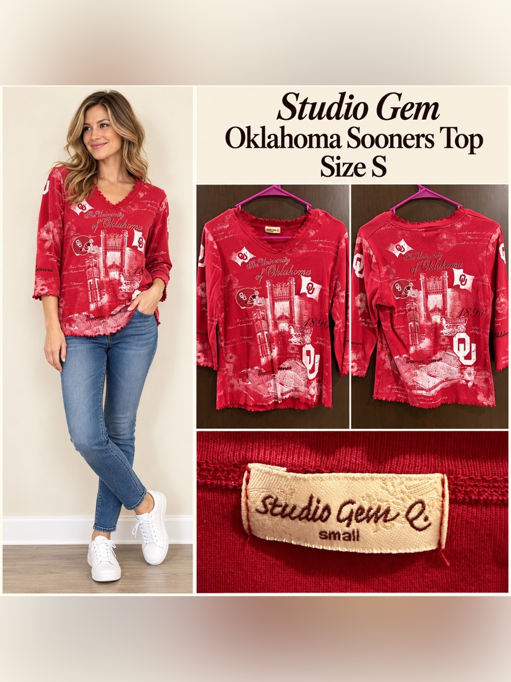 Vintage Oklahoma Sooners Red Graphic V-Neck Top - S